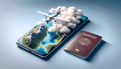 Miniature Plane Above Smartphone Displaying Mountain Landscape