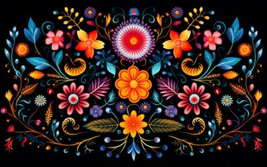 Fototapeta na wymiar Intricate Floral Ornaments in Slavic Style on Black Canvas