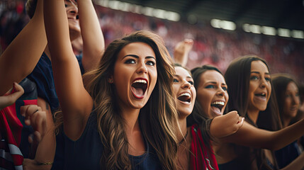 woman fans chanting during a match at the stadium