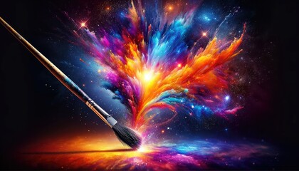 Paintbrush on canvas, where a touch ignites a magnificent explosion of cosmic colors, blending art with the splendor of the universe in a vibrant dance of hues and light.