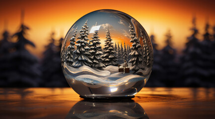 a wintery scene inside a snowball with mountains on the background