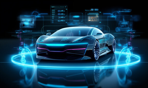Digital illustration of a sports concept car in colour background with neon lights.