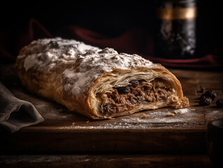 Delicious traditional strudel on a wooden board, decorated with berries. Photorealistic illustration. AI generated.