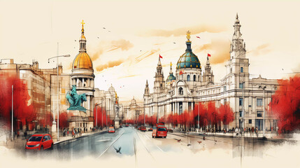 Drawing of Madrid with landmark and popular for tourist attractions - obrazy, fototapety, plakaty