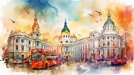Drawing of Madrid with landmark and popular for tourist attractions