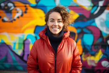 Portrait of a grinning woman in her 30s donning a durable down jacket against a colorful graffiti...