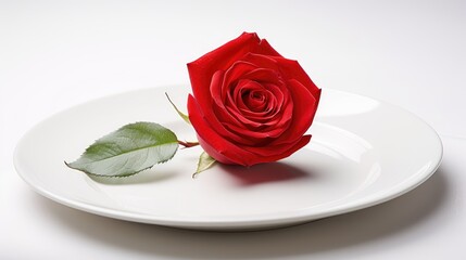 Culinary romance: A red rose delicately placed on a white plate, creating an elegant Valentine's Day image. Perfect for conveying the essence of love through a beautifully plated culinary creation.