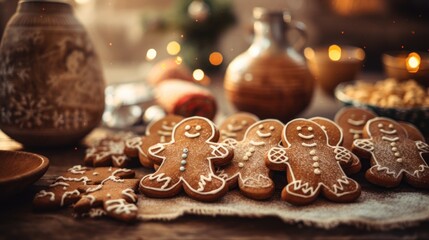 gingerbread men, cookies laid out on a holiday table with a jug of milk, banner