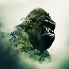 Portrait of a gorilla head with green lush tropical forest, double exposure. Generative AI