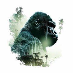 Portrait of a gorilla head with green lush tropical forest, double exposure, isolated on white background. Generative AI