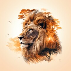 Portrait of a lion head with orange african savanna landscape, double exposure. Generative AI