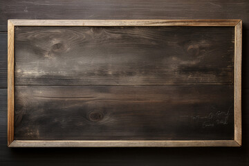 A rustic rectangle blackboard, framed in wood, stands alone in a garden, its empty surface awaiting creative expression. Generative AI.