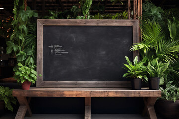 A rustic rectangle blackboard, framed in wood, stands alone in a garden, its empty surface awaiting creative expression. Generative AI.
