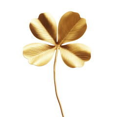 Golden four-leaf lucky clover with long stem isolated on transparent background