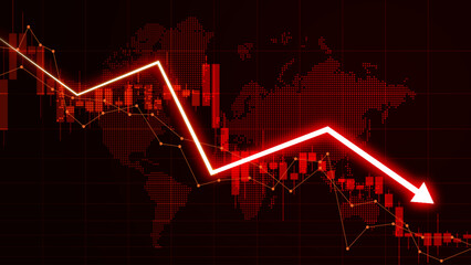 Illustration of stock market losses. Bankrupt financial information concept with arrows pointing down. Descending trading graph - obrazy, fototapety, plakaty