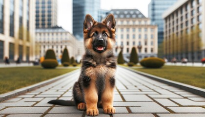 Close-up photograph of a German Shepherd puppy (Canis lupus familiaris) in a city park, showcasing an alert expression and fluffy coat.
 - obrazy, fototapety, plakaty
