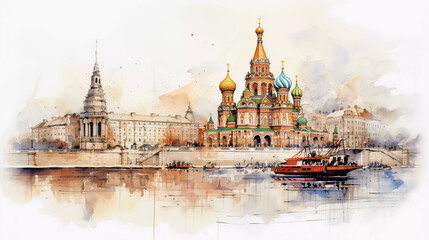 Drawing of Moscow with landmark and popular for tourist attractions