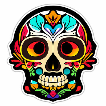 Day of the Dead sticker. Skull with floral ornament. 
