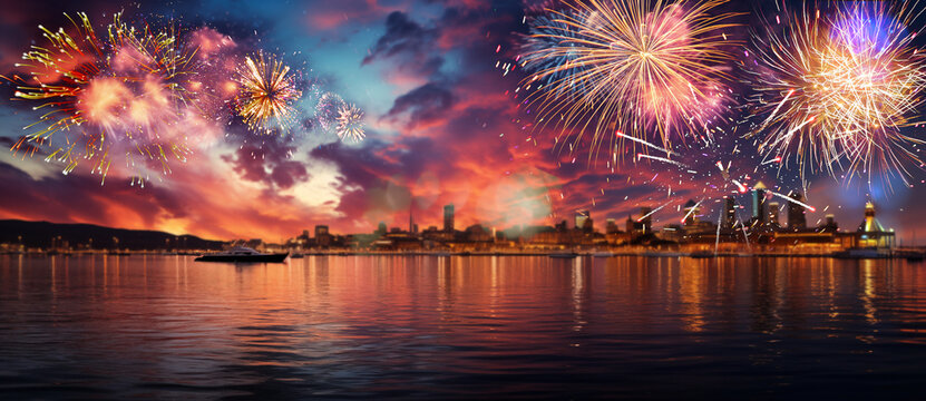 Background for Christmas and New Year.  Fireworks in the night sky over the old town