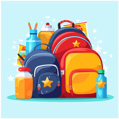 Backpacks, lunchboxes, water bottles, and other essential items for returning to school - obrazy, fototapety, plakaty