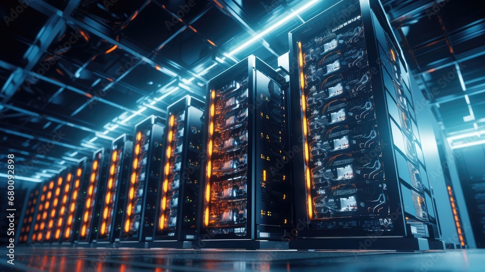 Poster cryptocurrency hub: computer racks in a secure server room showcase cryptocurrency mining. ideal for
