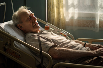 Elderly patient sleeping on bed in hospital ward