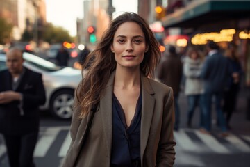 Portrait of a content woman in her 30s dressed in a stylish blazer against a busy urban street. AI Generation