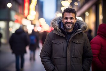 Portrait of a smiling man in his 40s wearing a warm parka against a busy urban street. AI Generation