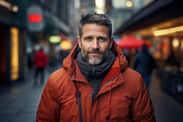 Fototapeta premium Portrait of a content man in his 40s wearing a windproof softshell against a busy urban street. AI Generation