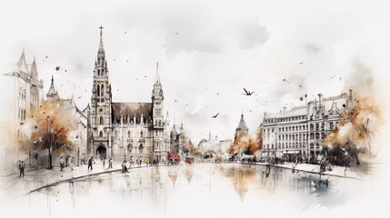 Obraz premium Drawing of Munich with landmark and popular for tourist attractions