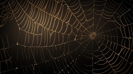 white cobweb on a black background in the dark.