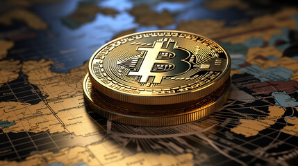 Gold Bitcoin coin with its iconic '₿' symbol, prominently placed on a  world map.