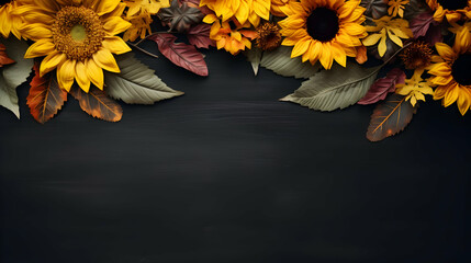 Floral decoration with sunflowers and fall flowers and leaves on dark vintage background, top view, banner, frame, blank empty space, generative ai