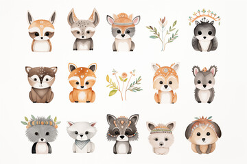 Fototapeta premium Watercolor a cute American Indian set with animals such as a rabbit, bear, fox, raccoon, deer, cat, panda, owl, and sloth. Each animal on white background.