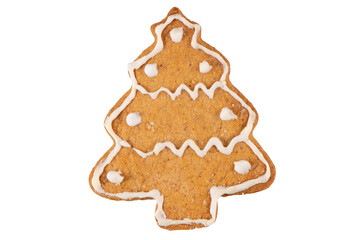 Christmas tree shaped cookie decorated with royal icing, isolated on white background. Christmas food, pastry background. New Year theme