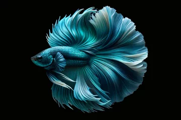 Fotobehang Shimmering bright blue-green coloration Betta fish with long, flowing fins against a black background. isolated © Old Man Stocker