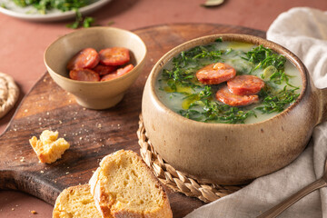 Caldo verde popular soup in Portuguese cuisine. Traditional ingredients for caldo verde are...