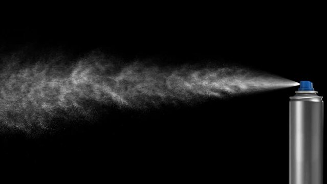 close side shot of spray blast on black background, fountain of vaporized foam particles. stabilized locked shot, alpha channel of spray included