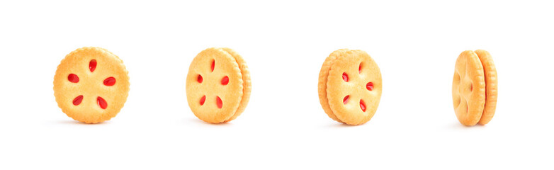 Cookies biscuit with strawberry cream isolated on white background, Sandwich Cookies 