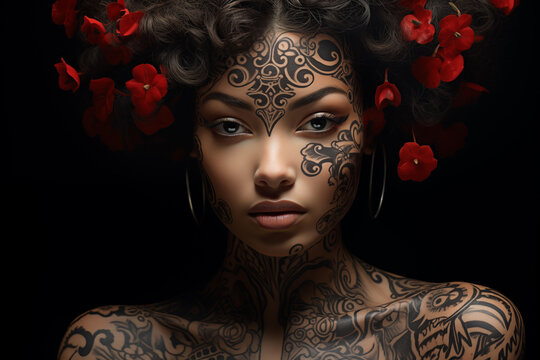 Face of a black woman adorned with intricate facial tattoos a blend of traditional and contemporary styles.