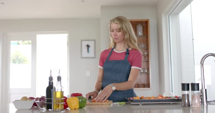 Portrait of happy caucasian woman wearing apron and cooking in kitchen, slow motion