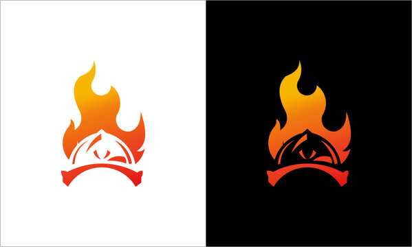 collection of firefighter helmets and fire logo design vector