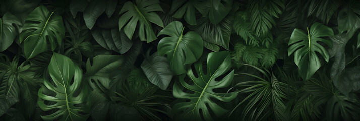 Fototapeta na wymiar Background of dark green tropical leaves monstera, palm, coconut leaf, fern, palm leaf, banana leaf. Wide panorama backdrop wallpaper, concept of nature, generative ai