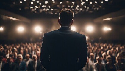 businessman standing comfortably in front of the audience. a male conference speaker - obrazy, fototapety, plakaty