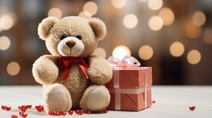 Obraz premium Heartfelt surprises: A charming box holds a cuddly Teddy bear, creating a perfect Valentine's Day or Birthday greeting card with a warm 'I love you' concept. Good morning, love!