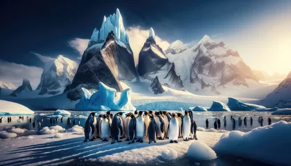 Outdoor-Kissen a group of penguins huddled together on an icy landscape, with a backdrop of towering icebergs and a clear blue sky. © Amil