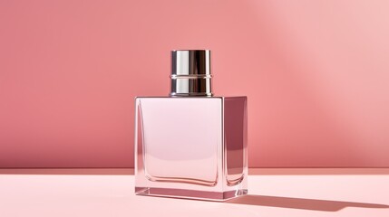 bottle with perfume on a pink background.