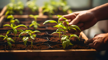 Hands plant pepper seedlings, Cultivation of agricultural crops of bell pepper in a greenhouse. Vegetable business. Spring work. Generative ai. - obrazy, fototapety, plakaty