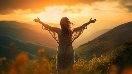 Happy woman feeling free on the sunset in nature in summer with open arms. Freedom and carefree enjoyment girl enjoying life, success, health, hope and faith concept. Generative AI. - obrazy, fototapety, plakaty
