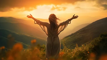 Fotobehang Happy woman feeling free on the sunset in nature in summer with open arms. Freedom and carefree enjoyment girl enjoying life, success, health, hope and faith concept. Generative AI. © pawczar